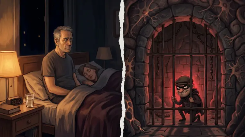 Left: Sleepless man at 3am. Right: The cortisol culprit locked in a brain prison.